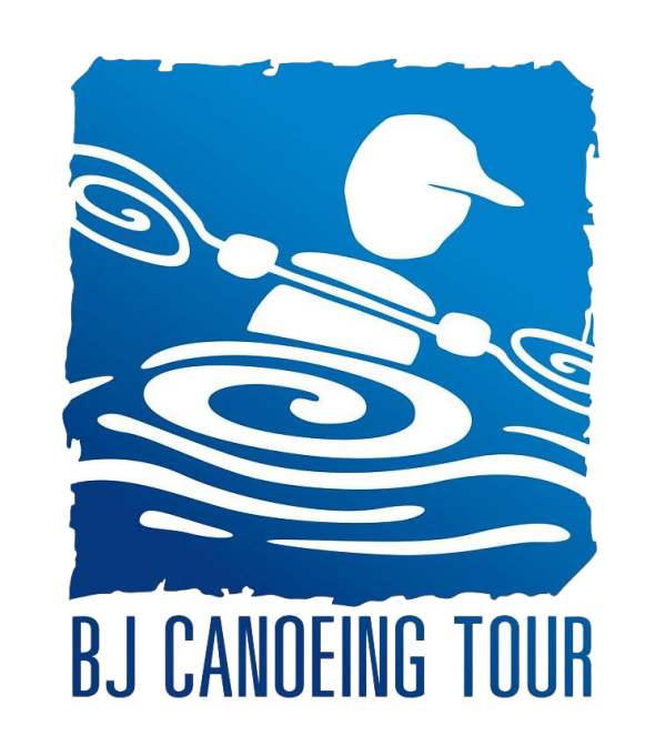 Blue logo of a person canoeing, with swirls, and text 'BJ Canoeing Tour'.